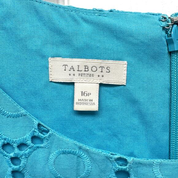 Talbots Eyelet Lace Shift Dress Blue Sleeveless Lined 100% Cotton Size 16 Petite - Picture 2 of 6